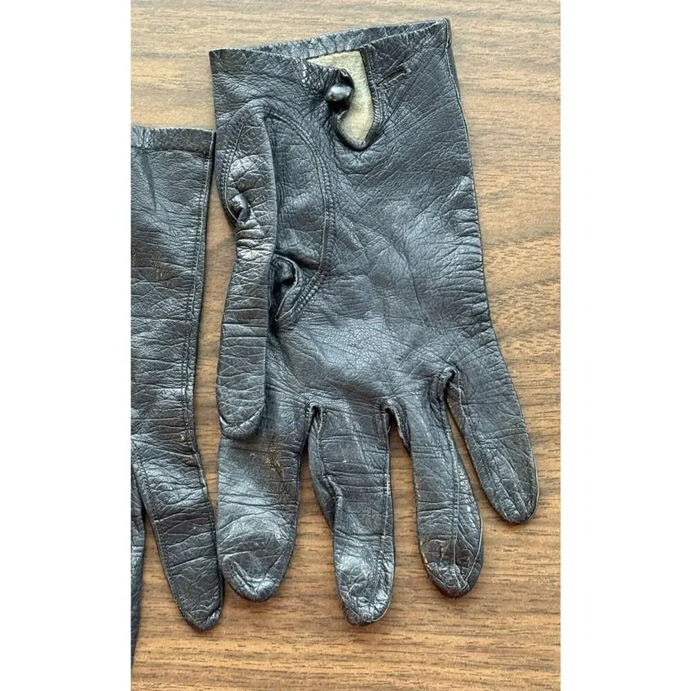 Vtg Black Leather Driving Gloves Womens 7 Button